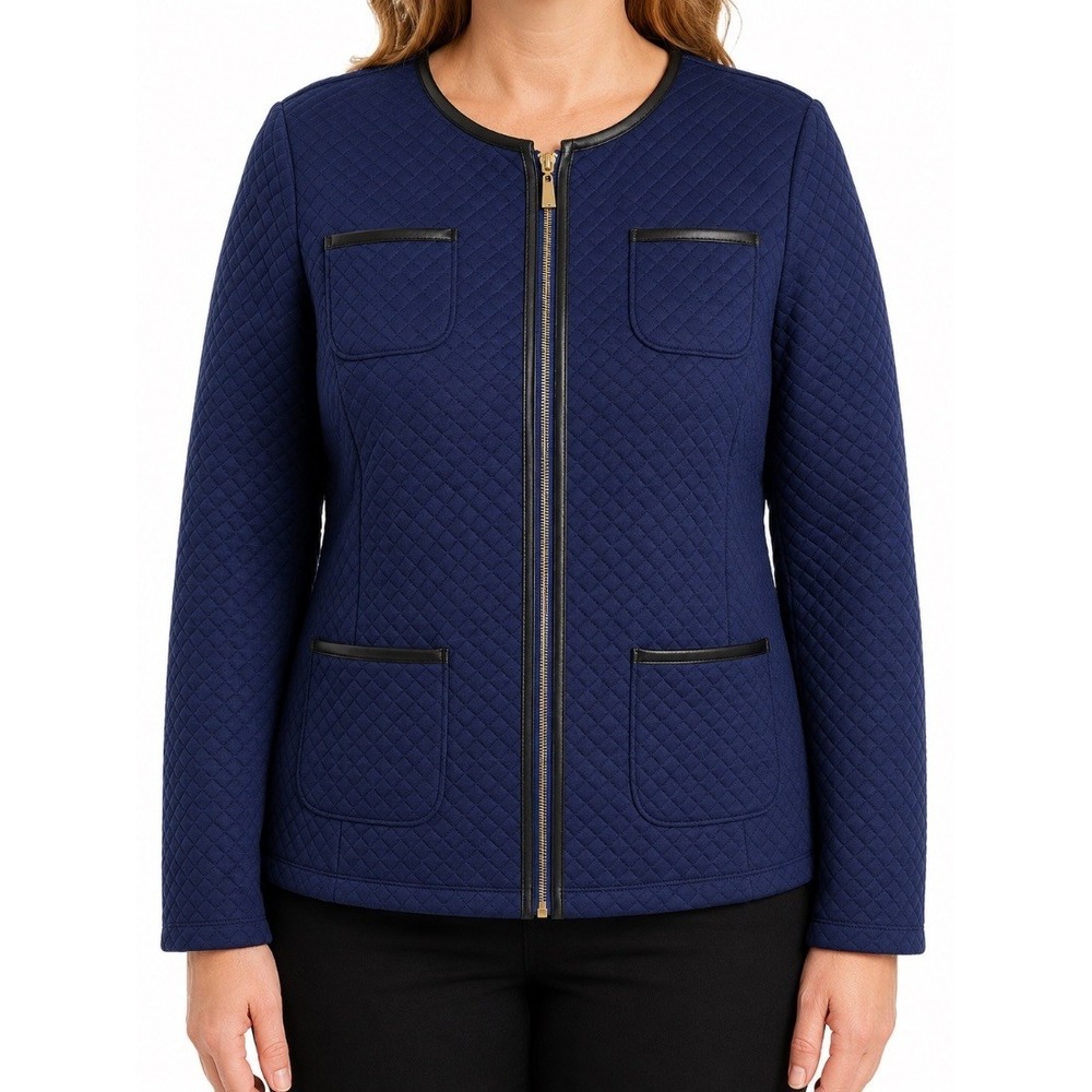 Susan Graver Womens Blue Quilted Zip Front Jacket Faux Leather Trim XL